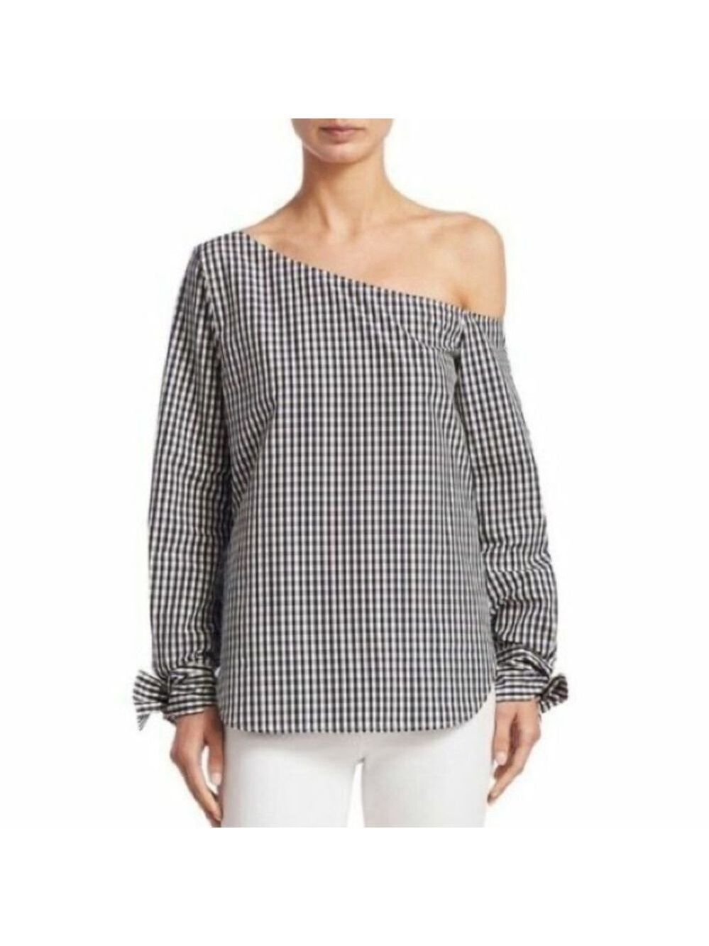 Theory Tie Cuff Gingham Shirt Size Large Navy White